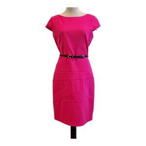 AGB Midi Sheath Dress Bright Hot Pink Cap Sleeve Seamed Design Belted